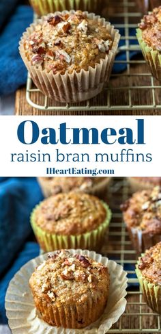 oatmeal raisin bran muffins on a cooling rack with text overlay