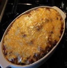 a casserole dish sitting on top of an oven