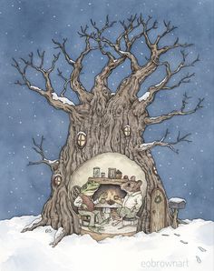 a drawing of a tree house in the middle of winter with snow falling on it