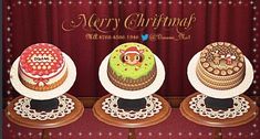 three decorated cakes sitting on top of wooden trays in front of a red curtain