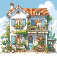 a drawing of a white house with blue shutters and green plants on the balconies