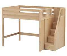 a wooden bunk bed with stairs next to it on a white background for use as a desk