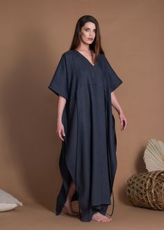 "Lightweight linen caftan dress VERA with high side slits (we can make it less open, just leave your comment in the notes when you order). This loose-fit dress is light, airy, and breathable, the perfect dress for the hot summer. The fabric is thin but strong and can be a little bit see-through in light colors. 🌿 DETAILS: - Straight cut - High side slits (can be shorter) - Half sleeves - Thin ties to adjust - Without pockets - 100% Natural lightweight linen (125gr/m2) - Wide color palette, colo Linen Caftan, Palette Color, Loose Fitting Dresses, Caftan Dress, Islamic Fashion, Fit Dress, Black Linen, Beach Wears, Beach Wear