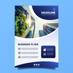 a blue business flyer with skyscrapers in the background