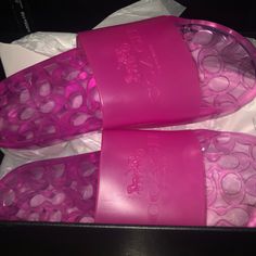 Pink Coach Jellies Size 10 (Authentic) Coach Slide Sandals For Spring, Coach Summer Open Toe Slides, Coach Open Toe Slides For Summer, Chic Pink Flat Slides, Coach Summer Slip-on Slides, Coach Summer Synthetic Slides, Coach Synthetic Slides For Summer, Coach Slip-on Slides For Summer, Coach Flat Slides For Beach