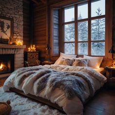 a bedroom with a bed, fireplace and windows