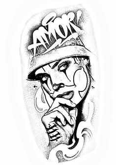 a black and white drawing of a person wearing a hat with graffiti writing on it