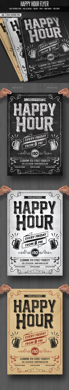 an old movie poster with the words happy hour in different font and numbers on it