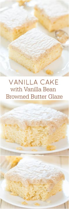 vanilla cake with vanilla bear brownie butter glaze on top is shown in three different views