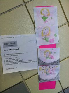 the paper is taped to the wall and has pictures on it with children's drawings