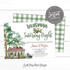 a green and white gingham checkered background with the words, louisiana saturday night