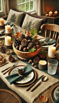 a dining room table is set with pine cones, candles and napkins on it