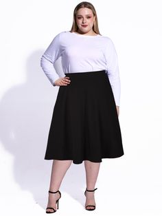 Plus Size High Waist A-Line Midi Skirt - Black丨Moon Wood Plus Size Midi Skirt, Plus Size Tights, Lace Stockings, Essential Dress, Thigh High Stockings, Office Attire, Black Midi Skirt, Plus Size Leggings, Plus Size Pants