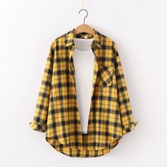 FREE SHIPPING Vintage Plaid Shirt Long Sleeve OUT0789 Oversized Plaid Shirts, Plaid Shirt Women, Red Plaid Shirt, Plaid Shirts, Loose Shirts, Plaid Fashion, Summer Fabrics, Yellow And Black, College Fashion