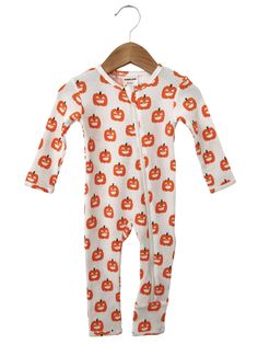 The cutest 1-piece romper for running errands with Mom & Dad or a casual lunch! 100% Organic Cotton Waffle By: SpearmintLOVE Features a cheerful jack-o-lantern pumpkin print, perfect for Halloween. Casual Halloween Onesie For Sleep, Orange Long Sleeve Sleepwear For Fall, White Sleepwear For Fall Sleepover, Casual Orange Sleepwear For Fall, Cute Sleepwear For Sleepover In Fall, Cute Sleepwear For Sleepover, Casual Printed Onesie For Bedtime, Cute Halloween Onesie For Loungewear, Cute Jumpsuits And Rompers For Fall Playtime