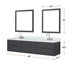 a double sink vanity with two mirrors above it and measurements for the sinks below them