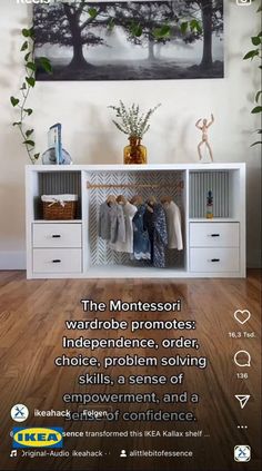 an advertisement for the montessori wardrobes website on a wooden floor with white cabinets and drawers