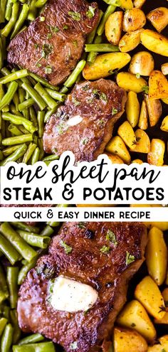 one sheet pan steak and potatoes with green beans in the foreground, and another image on the background