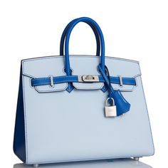 This Special Order Sellier Birkin is in Bleu Brume and Bleu Zellige epsom leather with brushed palladium hardware and has contrast stitching, front flap, two straps with center toggle closure, clochette with lock and two keys, and double rolled handles.The interior is lined with Bleu Zellige chevre and has one zip pocket with an Hermes engraved zipper pull and an open pocket on the opposite side.Collection: UOrigin: FranceCondition: Pristine; new or never (Plastic on hardware)Accompanied by: Hermes box, Hermes dustbag, clochette, lock, two keys, clochette dustbag, felt, rainhat, carebook and ribbonMeasurements: 10" width x 7.5" height x 4.75" depth; 2.75" handle drop Sellier Birkin, Birkin Sellier, Hermes Special Order, Kelly Bags, Fancy Purses, Boots Shoe, Dream Bag, Fancy Things