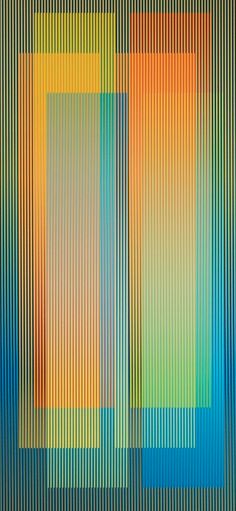 an abstract painting with vertical lines in blue, orange and yellow