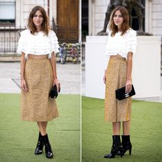 two pictures of a woman wearing a skirt and cropped top, one is holding a black purse