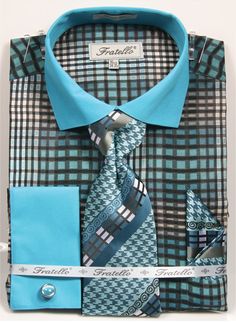 <p>Fratello Men's French Cuff Dress Shirt Set - Geometric Checker. Pictured in Teal.<br/><br/><br/><br/>Geometric Checker Pattern<br/><br/>French Cuff Dress Shirt <br/><br/>Tie <br/><br/>Hanky <br/><br/>Cuff Links <br/><br/>40% Cotton, 60% Polyester</p> Shirt And Tie Combinations, French Cuff Dress Shirts, Collar Bar, Shirt And Tie, Dress Shirt And Tie, Double Cuff, French Cuff, Shirt Tie, Wide Stripes