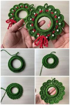 crochet christmas wreath ornament made with yarn and beads - free pattern