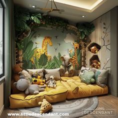 a child's bedroom with stuffed animals on the bed and jungle themed wallpaper