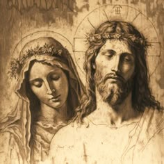 an image of jesus and mary with the cross on it's chest, in sepia