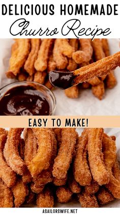 two pictures with the words delicious homemade churro recipe and easy to make churro fries