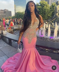 Pink Mermaid Long Prom Dress With Crystal for Black Girls – jkprom Cute Prom Dresses 2023, Pink And Silver Prom Dress, Rose Gold Dress Prom, Senior Homecoming Dress, Baddie Prom Dresses, Prom 23, Evening Dress Black, Elegant Evening Dress