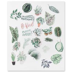 a white card with green plants and leaves on it, says blooming awesomely