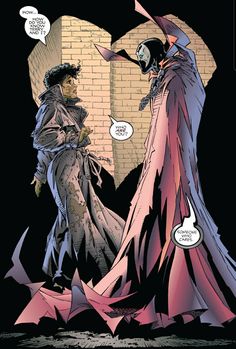 a comic book page with an image of two people dressed in costumes and one is talking to