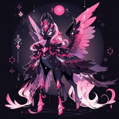 an anime character with pink hair and wings, standing in front of a black background