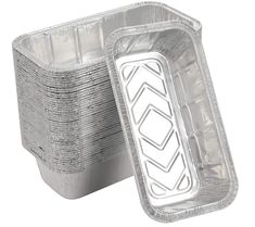 aluminum foil containers stacked on top of each other with the lids down and one lid open