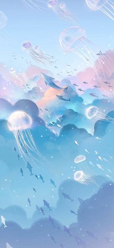 jellyfish and fish floating in the ocean with blue skies above them, under a cloudy sky