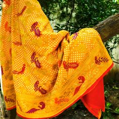 Sunglow Yellow Pure Georgette Shikargah Handloom Banarasi Dupatta - Khinkhwab Yellow Silk Dupatta With Meenakari, Ceremonial Multicolor Dupatta With Zari Weaving, Multicolor Dupatta With Zari Weaving For Ceremonial Events, Elegant Yellow Paithani Silk Dupatta, Elegant Multicolor Ceremonial Dupatta, Ceremonial Multicolor Tussar Silk Dupatta, Orange Dupatta With Traditional Patterns For Wedding, Ceremonial Yellow Dupatta With Zari Weaving, Fusion Style Dupatta With Traditional Patterns