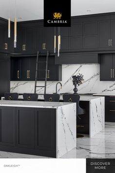 a black and white kitchen with marble counter tops, gold trimmings and dark cabinets