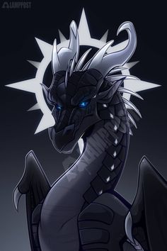 a black and white dragon with blue eyes on it's head, standing in front of a dark background