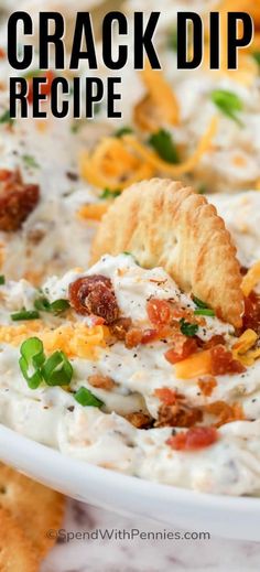 cracker dip recipe with cheese and bacon in a white bowl