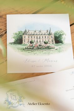 two wedding cards with watercolors on them