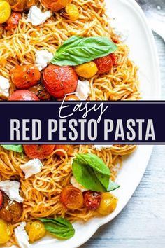 a white plate topped with pasta covered in tomatoes