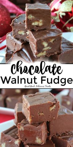 chocolate walnut fudge stacked on top of each other with the title in the middle