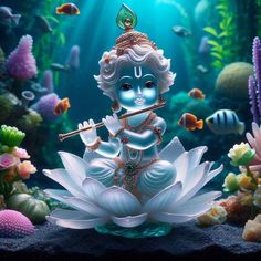 there is a small statue in the middle of some fish and corals on the water