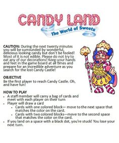 candy land the world of sweets game card with instructions to play and how to use it