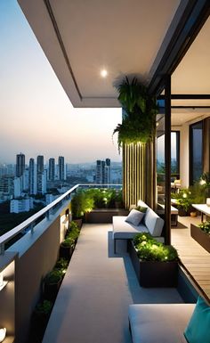 an outdoor living area with couches and potted plants on the balcony at dusk