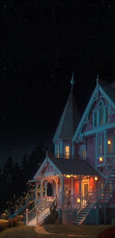 the house is lit up at night with christmas lights on it's porch and stairs