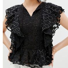 Verb By Pallavi Singhee Allyson Ruffled Lace Blouse From Anthropologie New With Tags ! Size Xs Lace Tops With Ruffles, Chic Lace Tops With Ruffles, Black Lace Tops With Ruffles, Chic Ruffled Lace Top For Party, Chic V-neck Lace Top With Ruffles, Elegant Sleeveless Lace Blouse For Summer, Chic Black Lace Top With Ruffles, Lace Ruffle Tops With Short Sleeves, Lace Top With Ruffles And Short Sleeves