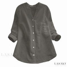 Lasaky - Cotton Linen Buttoned Mandarin Collar Long Sleeve Shirt Business Casual Shirts, Loose Fit Blouse, Womens Tops Dressy, Linen Casual, Loose Shirts, Linen Blouse, Tee Outfit, Gray Linen, Casual Blouse