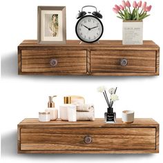 two wooden shelves with flowers and other items on them, one shelf has an alarm clock